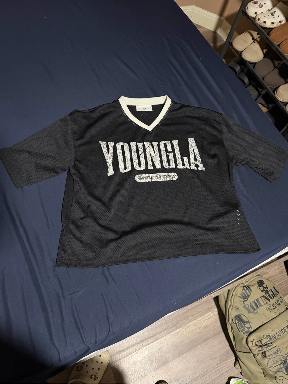 YoungLA Black Mesh Jersey with White V-Neck and Logo